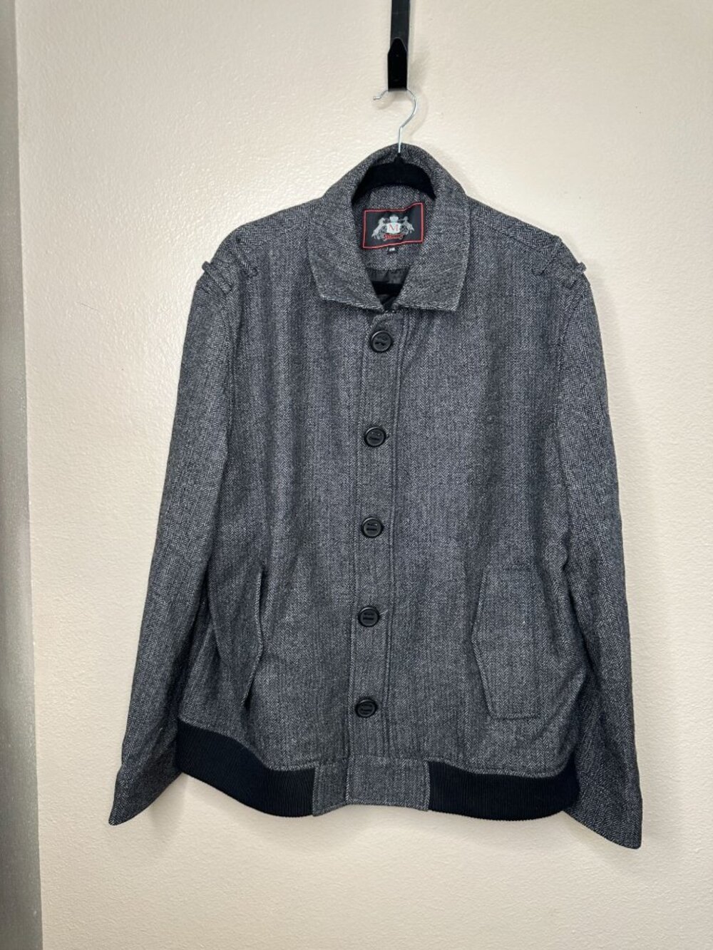 Mens Martello Gray Wool Blend Button-Up Jacket 2XL With Ribbed Hem